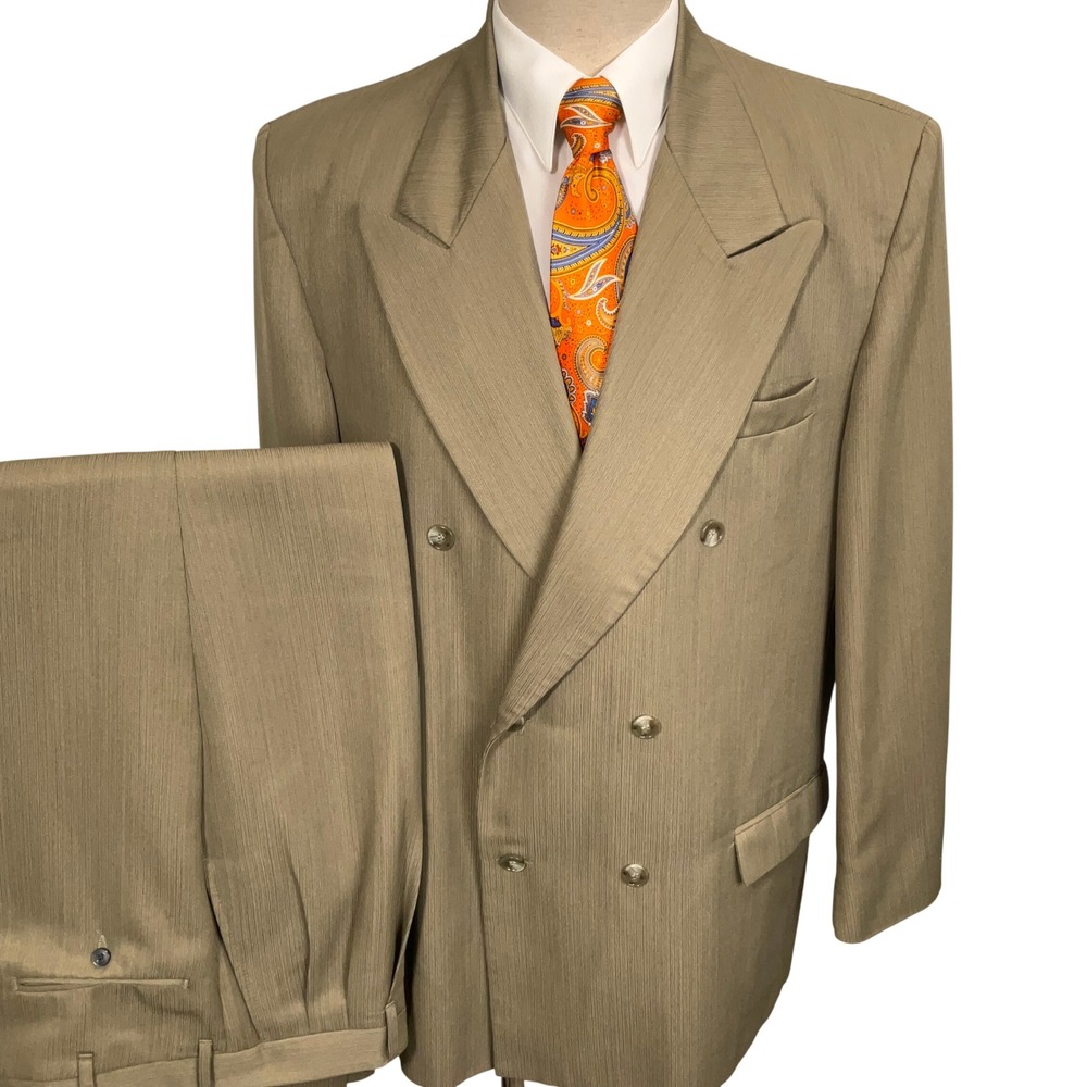 Falcone Suit Mens 44L Tan Double Breasted Textured Zoot Style Dapper VTG USA